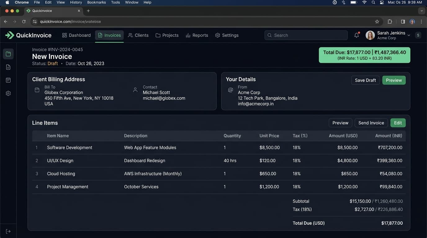 QuickInvoice editing view showing line items and tax breakdown